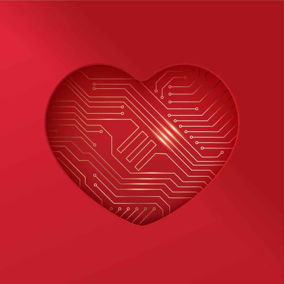 achtergrond met hart vormig gat en elektrisch stroomkring bord. virtueel liefde concept. valentijnsdag dag groet kaart vector