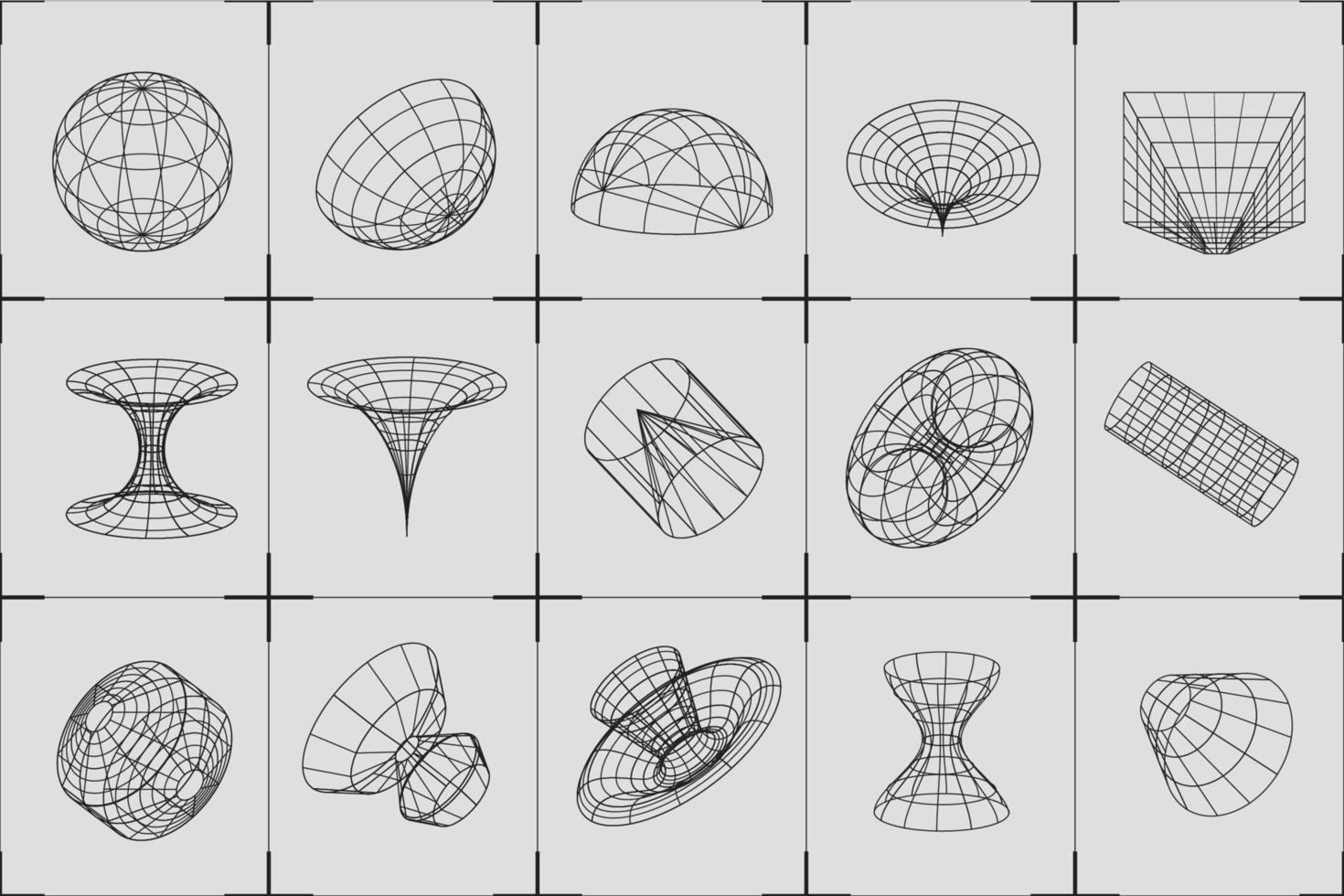 wireframe meetkundig vormen in verschillend formen. abstract 3d rooster ontwerp. universeel modieus meetkundig vormen vector