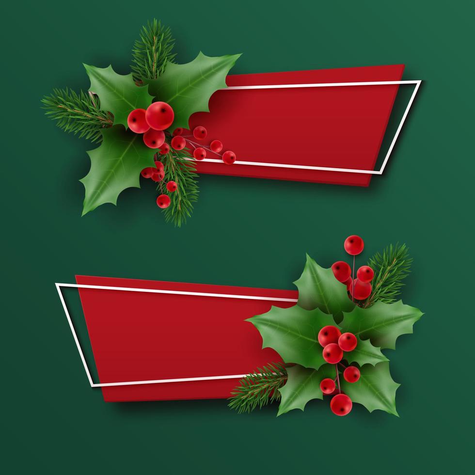 Kerstmis banners met hulst bessen en Kerstmis boom takken. nieuw jaar elementen met bloemen decor vector