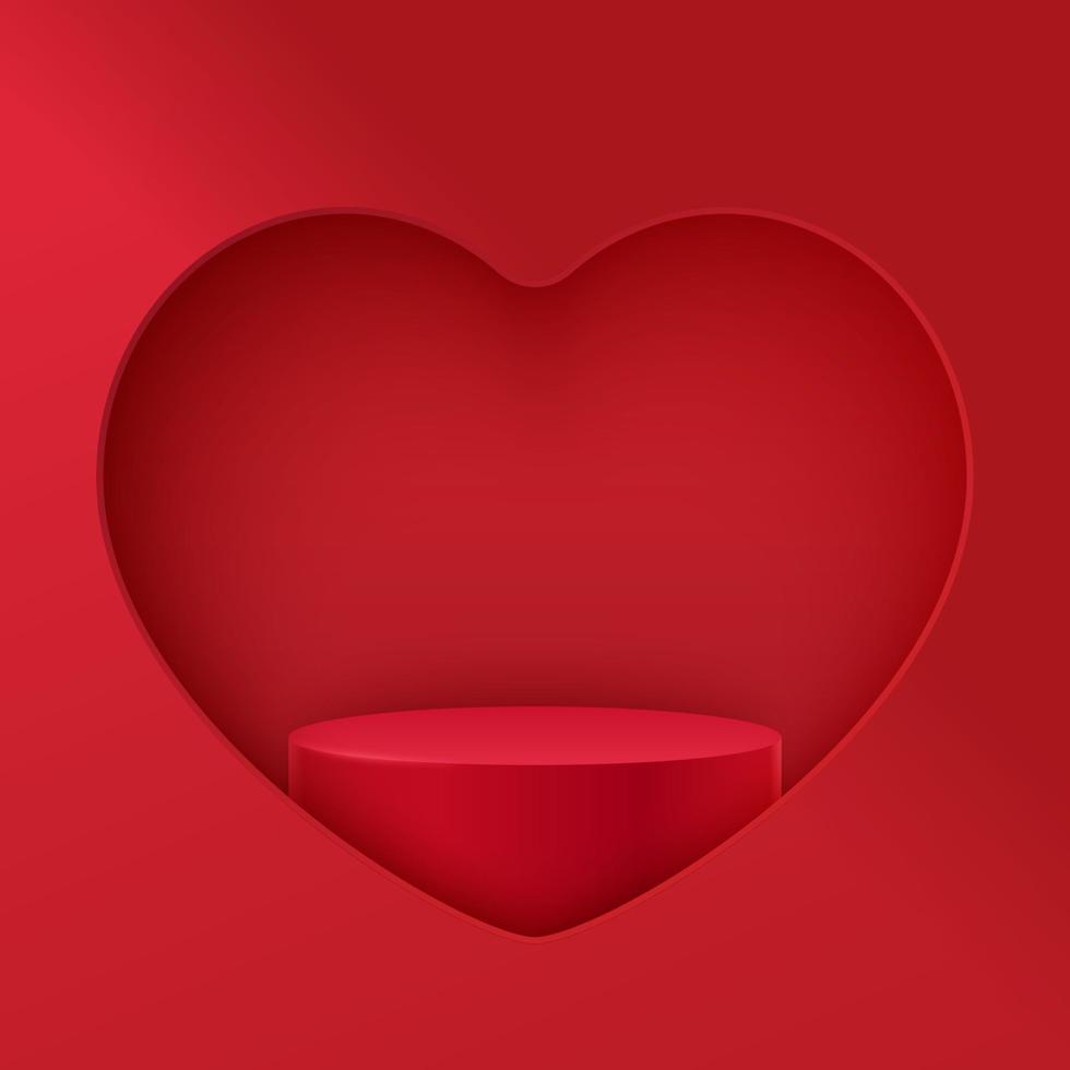 rood podium met hart vormig kader. mockup vector tafereel van geometrie vorm platform. feestelijk achtergrond met een tafereel en een gat in de vorm van een hart