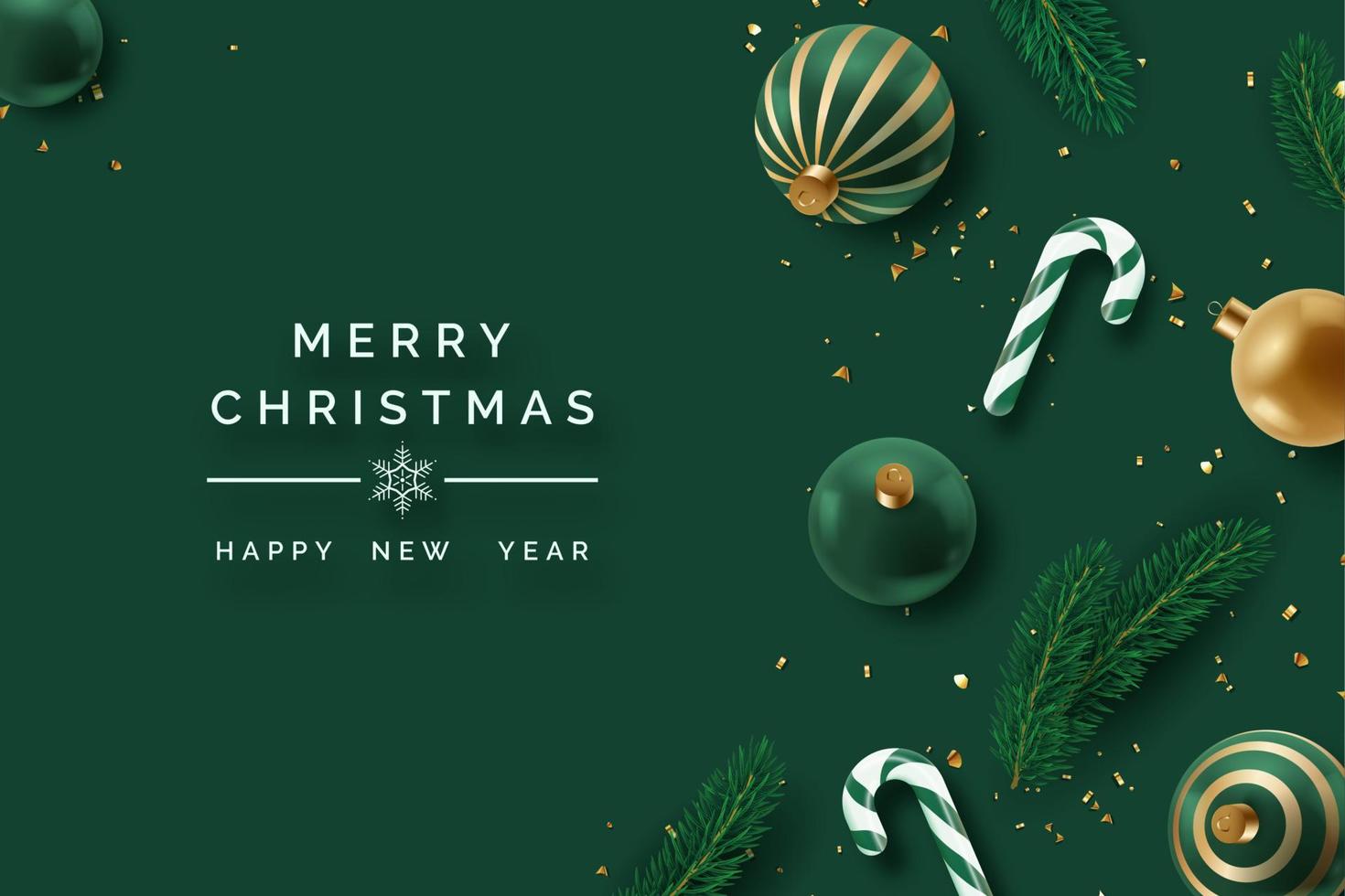 realistisch Kerstmis decor met sparren, confetti, snoep wandelstokken en Kerstmis boom ballen. nieuw jaar vector kaart