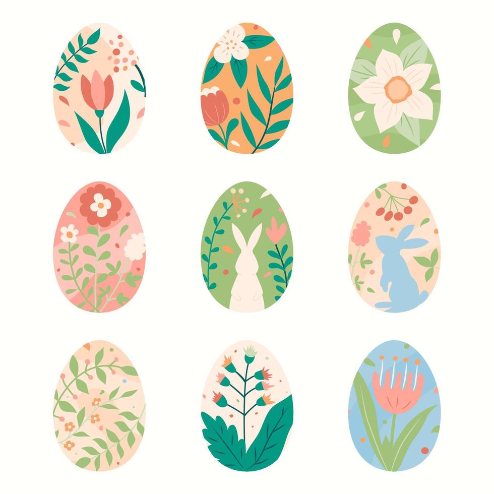 reeks van eieren met hand- getrokken Pasen decoraties in pastel kleuren. minimalistische stijl ontwerp met eieren, konijnen, bloemen en planten vector
