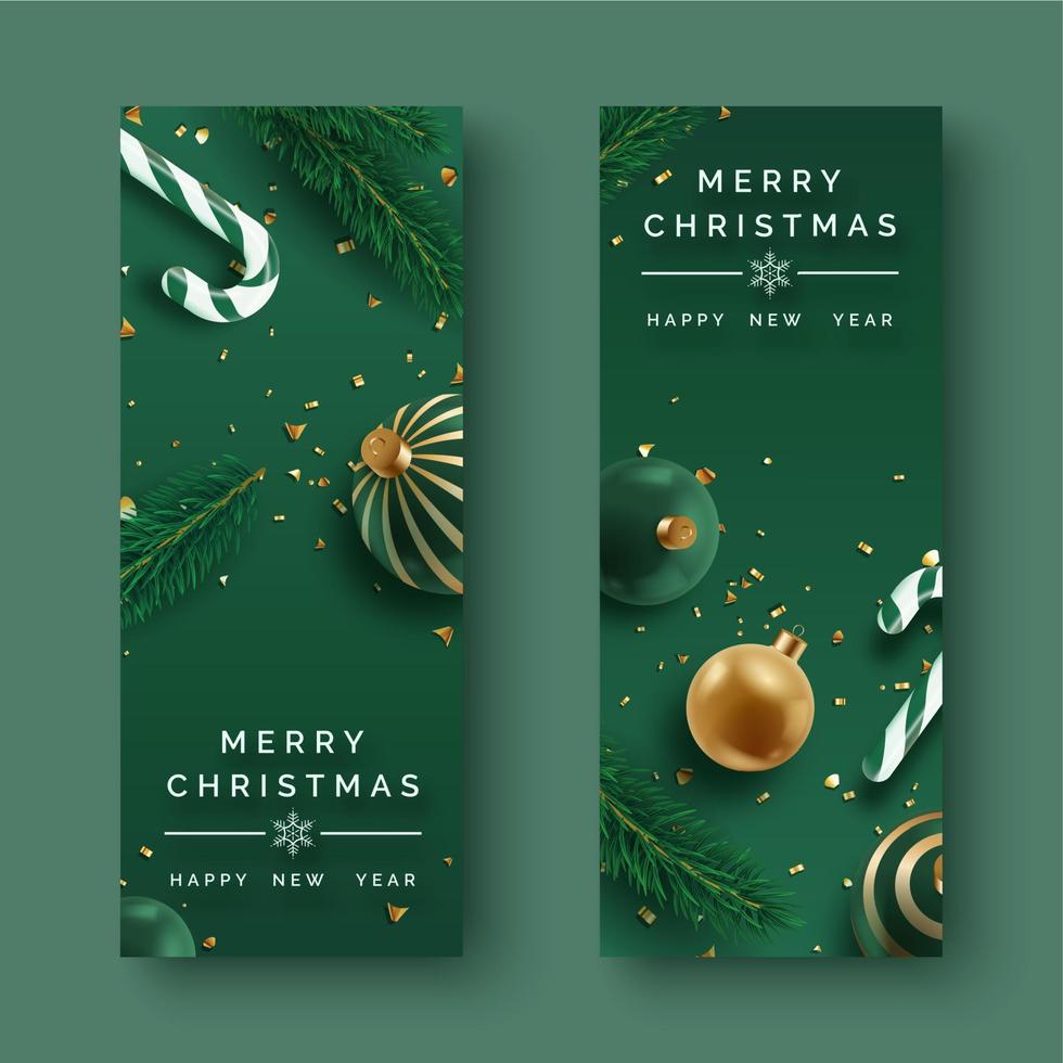 twee verticaal Kerstmis banners met realistisch decor. Kerstmis ballen, snoepjes, Spar brunches en confetti Aan donker groen achtergrond vector