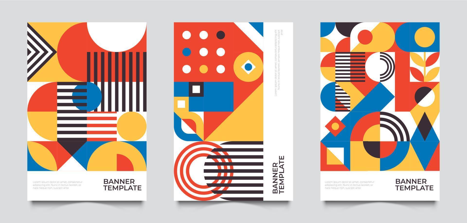 bauhaus geïnspireerd posters met plein figuren en tekst. minimaal modern abstract brochures. abstract retro posters met eenvoudig figuren Sjablonen vector