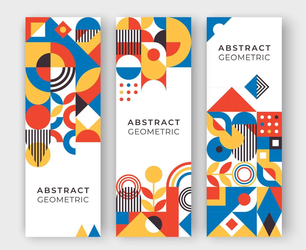 bauhaus geïnspireerd drie verticaal banners met plein figuren, schaduwen en tekst. minimaal modern abstract brochure vector