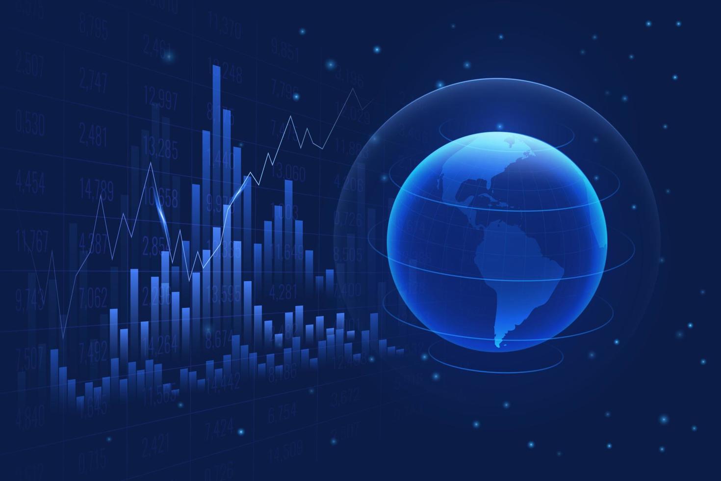 hologram van planeet aarde met tabel van investering financieel gegevens. analyse indicatoren, statistieken diagram, bedrijf grafieken vector