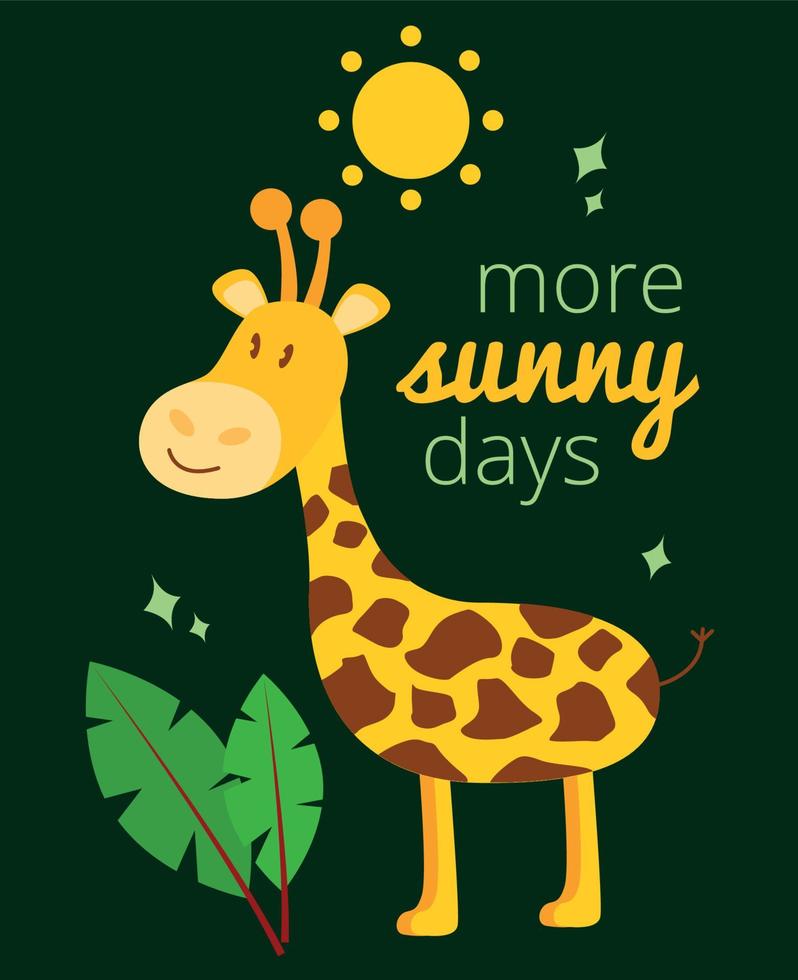 illustratie met een giraffe, een zon, een palm blad en de opschrift gelukkig verjaardag Aan een donker achtergrond. groet kaart met een giraffe gelukkig verjaardag. vector