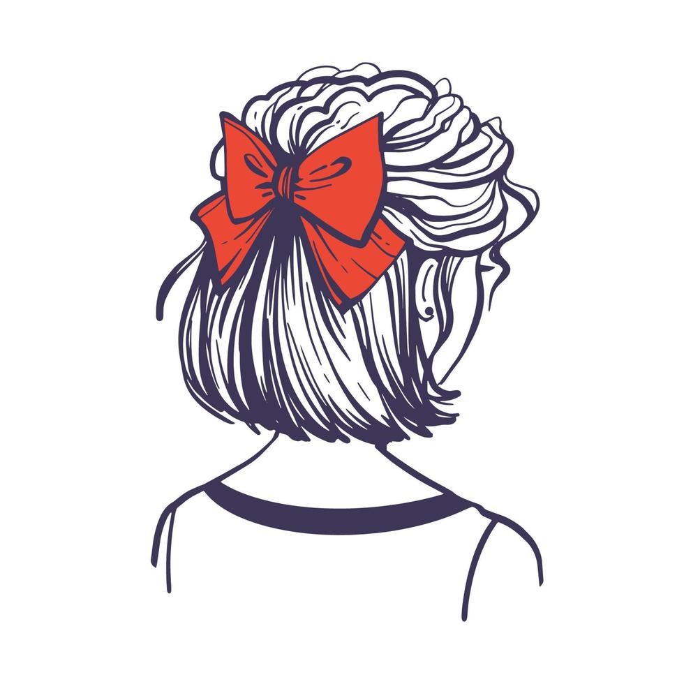 modieus kapsel met een rood haar- boog. schattig vrouw kapsel met haar- accessoire. terug visie. hand- getrokken vector illustratie in tekening stijl geïsoleerd Aan wit achtergrond.