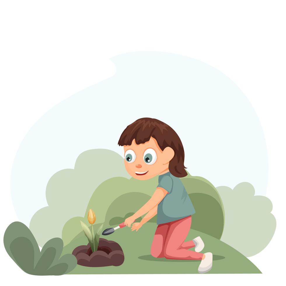 een wit meisje planten een bloem in de tuin. voorjaar hobby's, buitenshuis activiteiten. vector, tekenfilm stijl. vector