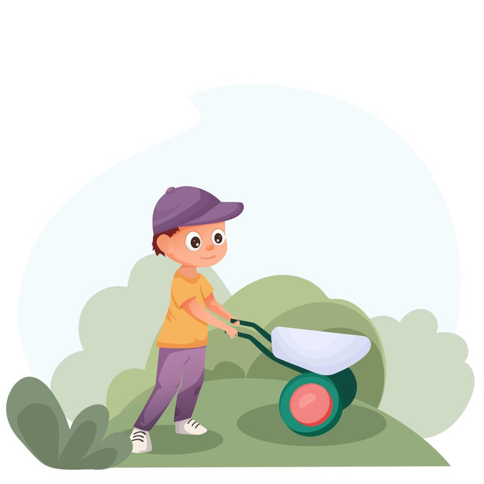 wit jongen met een tuin kruiwagen werken in de tuin voorjaar hobby, buitenshuis activiteiten. vector, tekenfilm stijl. vector