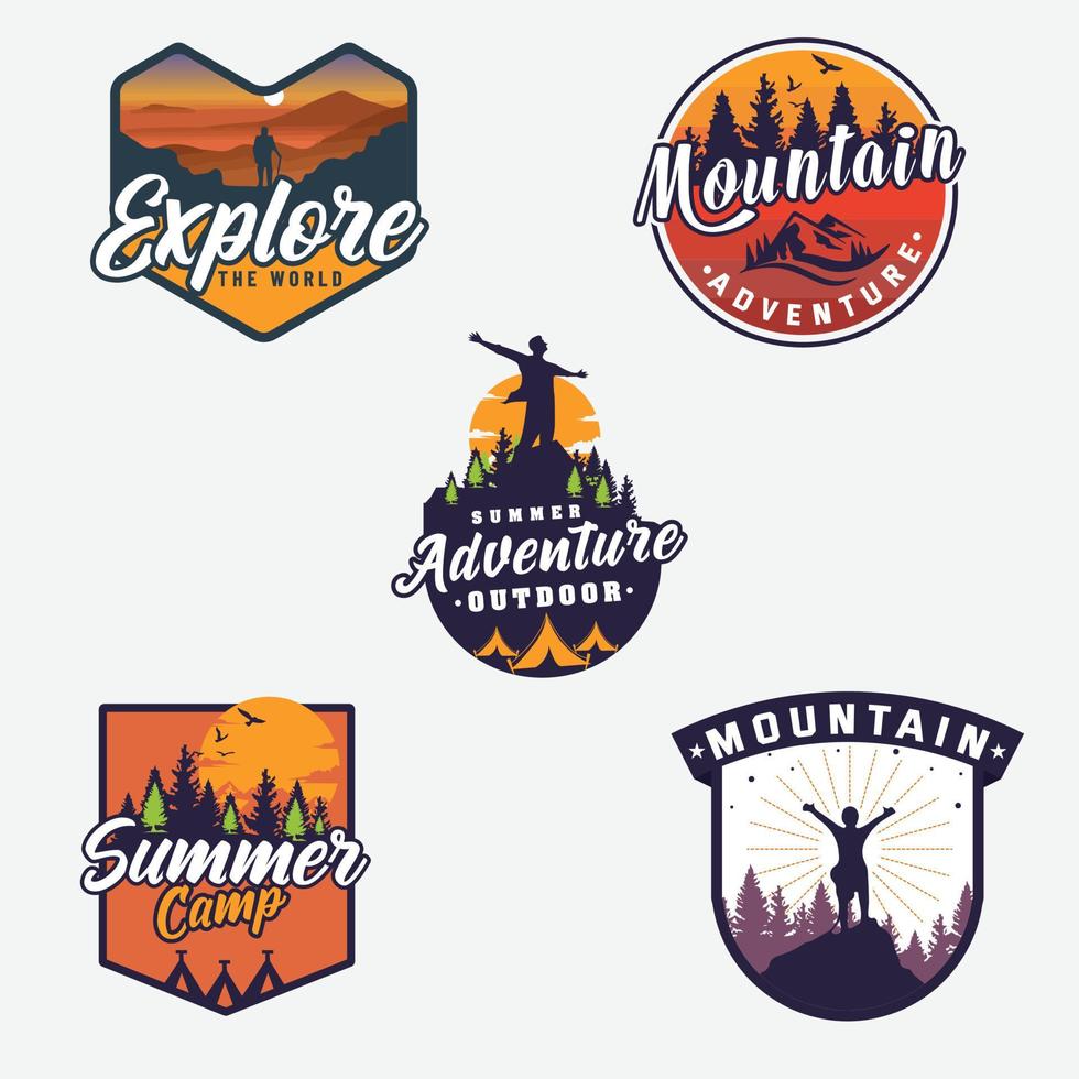 wijnoogst camping berg avonturen badges sticker ontwerp vector