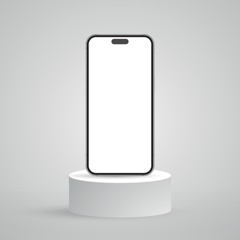 realistisch smartphone mockup met podium, hoog kwaliteit mobiel telefoon voorkant visie, leeg scherm vector mockup