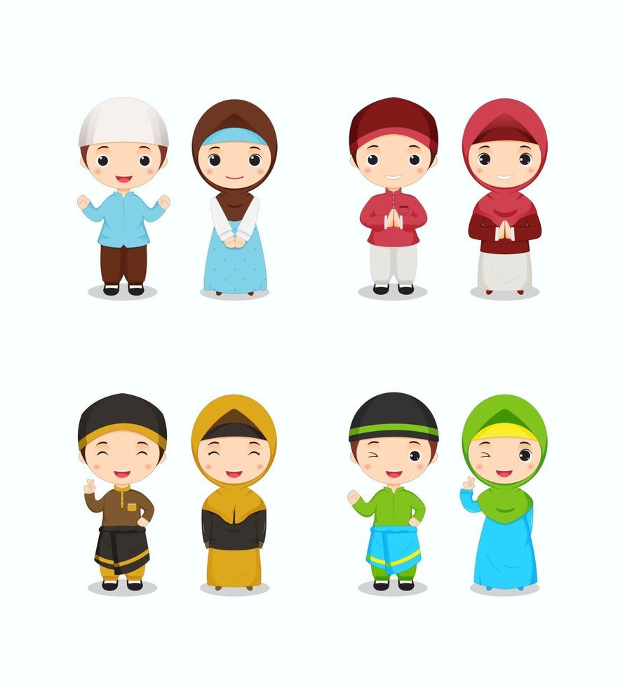 set van schattige moslimkinderen in kleurrijk thema vector