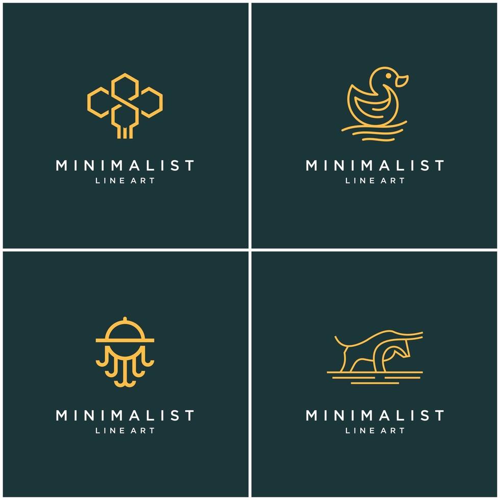 verzameling van minimalistische ontwerplijnen voor dierenlogo's, bij, stier, eend en octopus. abstract vector ontwerp logo's.