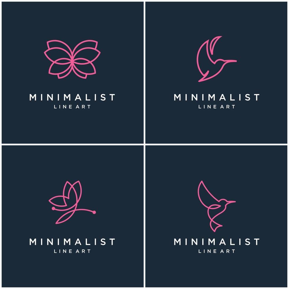 verzameling minimalistische dierenlogo-ontwerplijnen, vlinder en kolibrie. abstract vector ontwerp logo's.