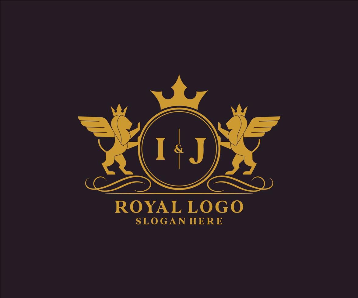 eerste ij brief leeuw Koninklijk luxe heraldisch, wapen logo sjabloon in vector kunst voor restaurant, royalty, boetiek, cafe, hotel, heraldisch, sieraden, mode en andere vector illustratie.