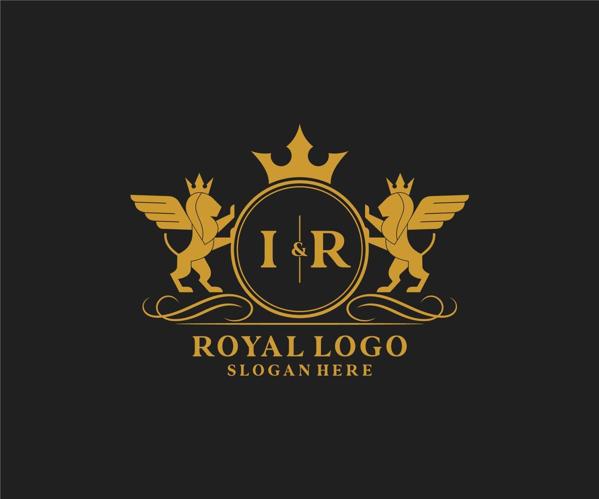 eerste ir brief leeuw Koninklijk luxe heraldisch, wapen logo sjabloon in vector kunst voor restaurant, royalty, boetiek, cafe, hotel, heraldisch, sieraden, mode en andere vector illustratie.