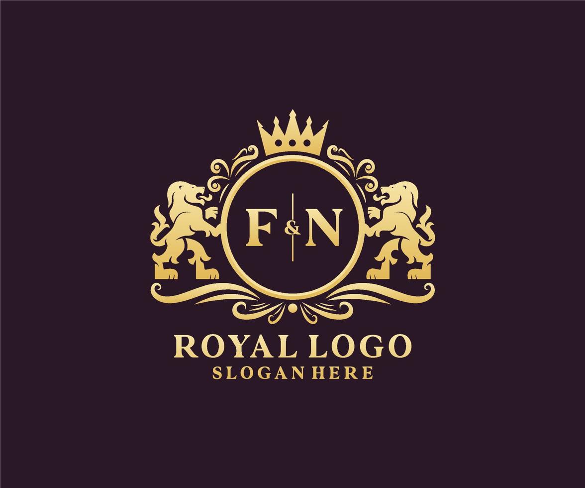 eerste fn brief leeuw Koninklijk luxe logo sjabloon in vector kunst voor restaurant, royalty, boetiek, cafe, hotel, heraldisch, sieraden, mode en andere vector illustratie.