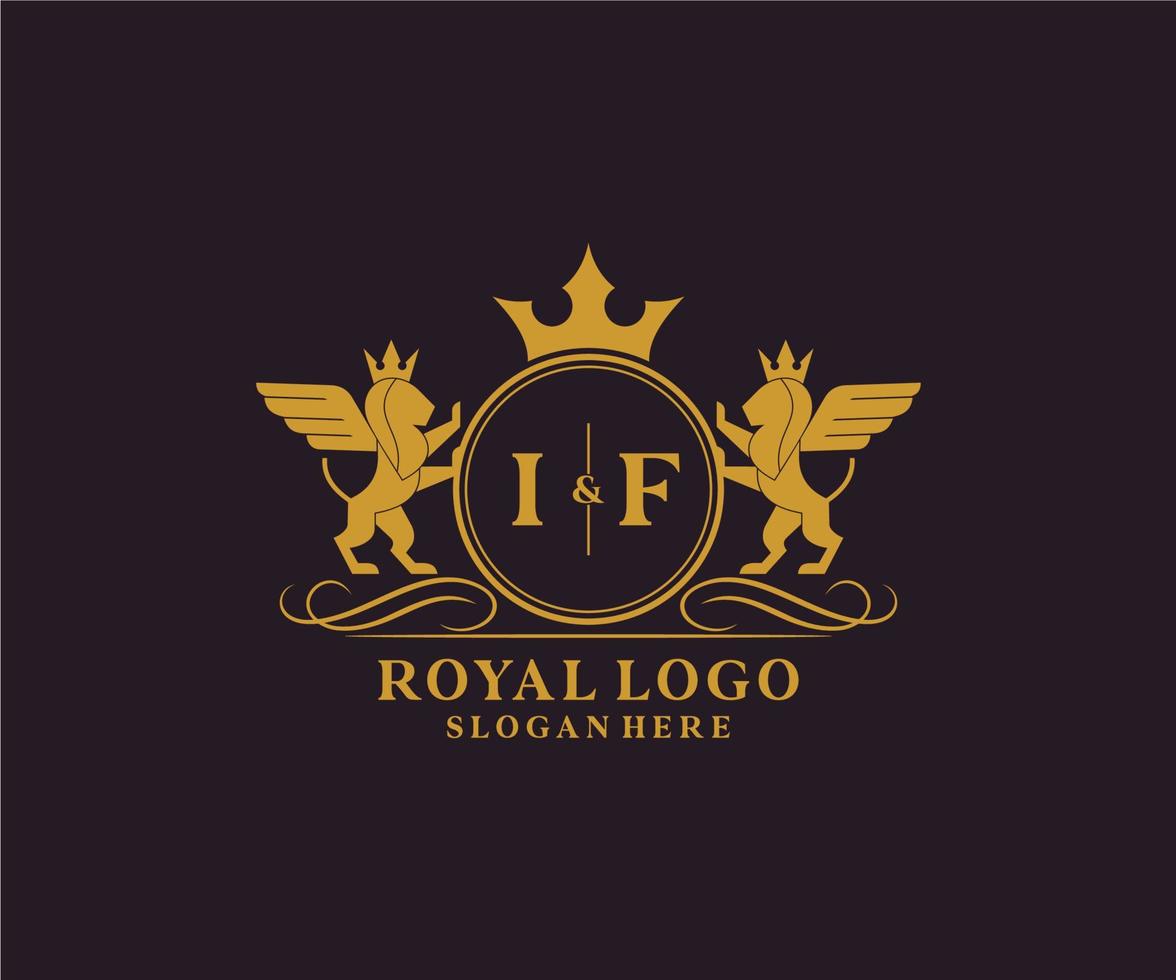 eerste als brief leeuw Koninklijk luxe heraldisch, wapen logo sjabloon in vector kunst voor restaurant, royalty, boetiek, cafe, hotel, heraldisch, sieraden, mode en andere vector illustratie.