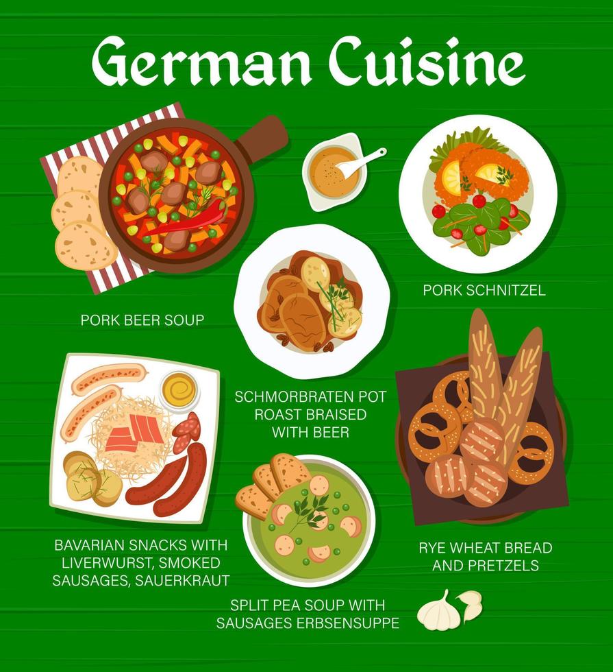 Duitse keuken menu met voedsel, lunch borden, maaltijden vector