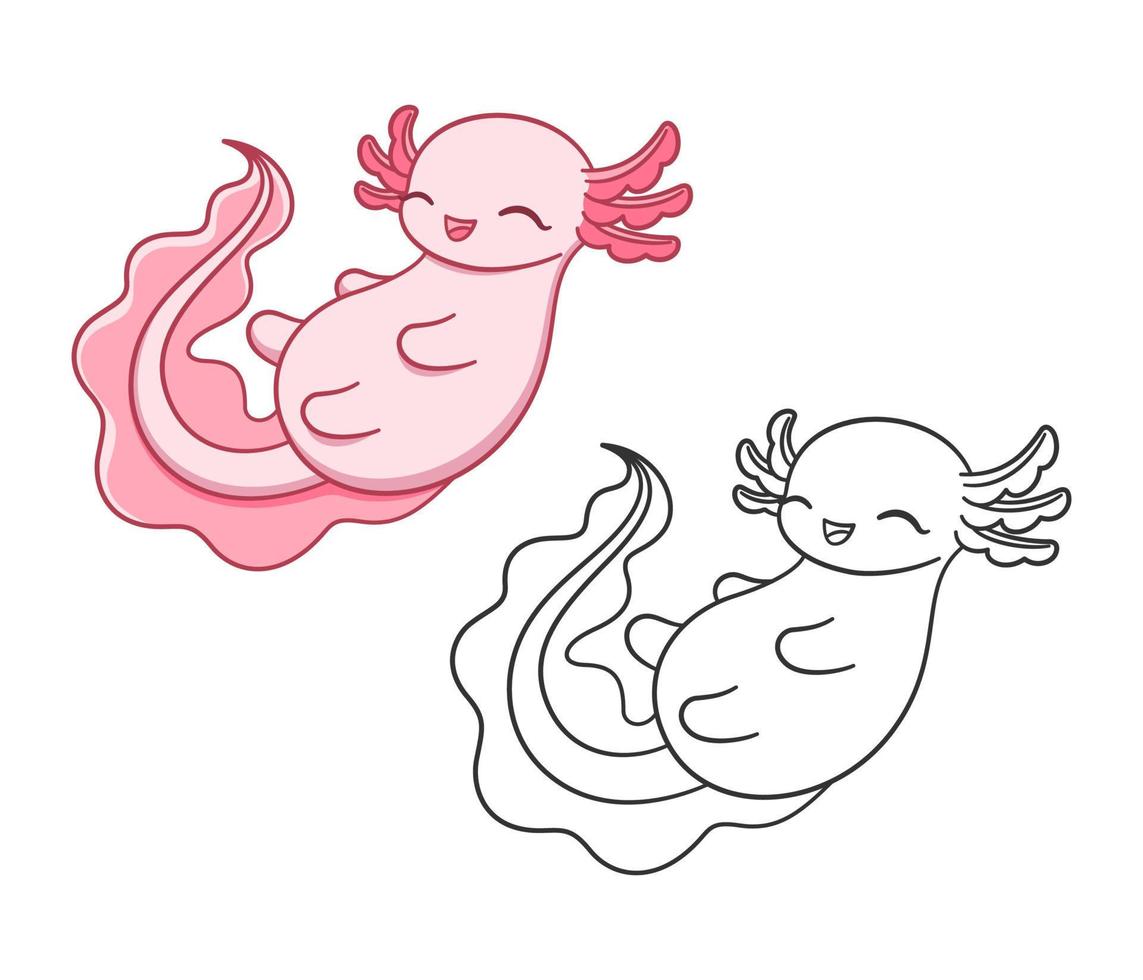 gelukkig axolotl tekenfilm vector illustratie gekleurde en schets set. schattig onderwater- aquatisch dier ontwerp. gemakkelijk gemakkelijk kleur boek bladzijde werkzaamheid voor kinderen.
