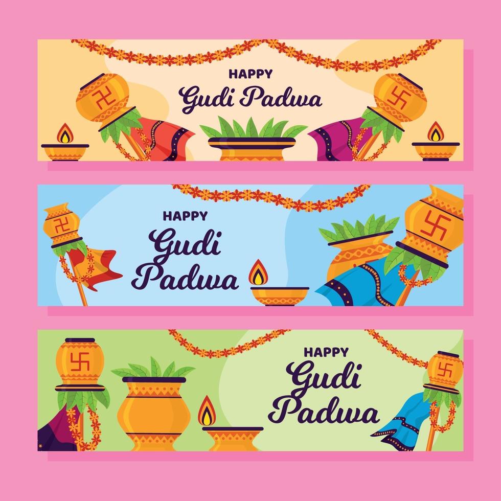 gudi padwa platte ontwerp banner set vector