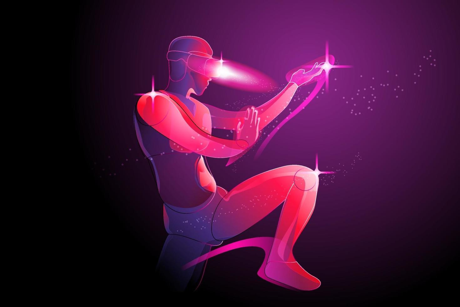 de man die poseert, bereidt zich voor om te vechten, door virtual reality-machine vr te dragen, verbeelding om iemand in de digitale wereld te bevechten, tai chi, kung fu, karate, taekwondo, jujutsu, vector illustratie in violet.