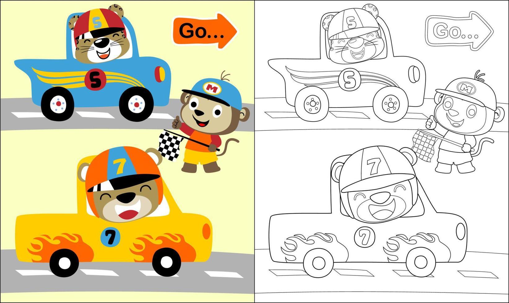 kleur boek of bladzijde van grappig aap Holding af hebben vlag, beer en tijger Aan racing auto vector