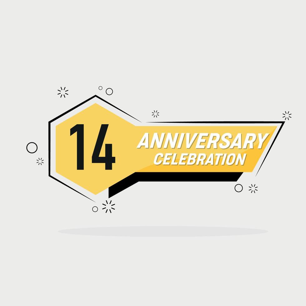 14 jaren verjaardag logo vector ontwerp met geel meetkundig vorm met grijs achtergrond