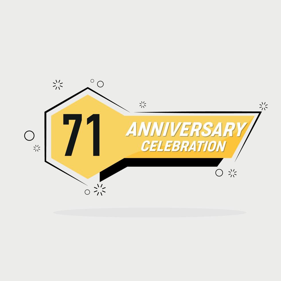 71 jaren verjaardag logo vector ontwerp met geel meetkundig vorm met grijs achtergrond