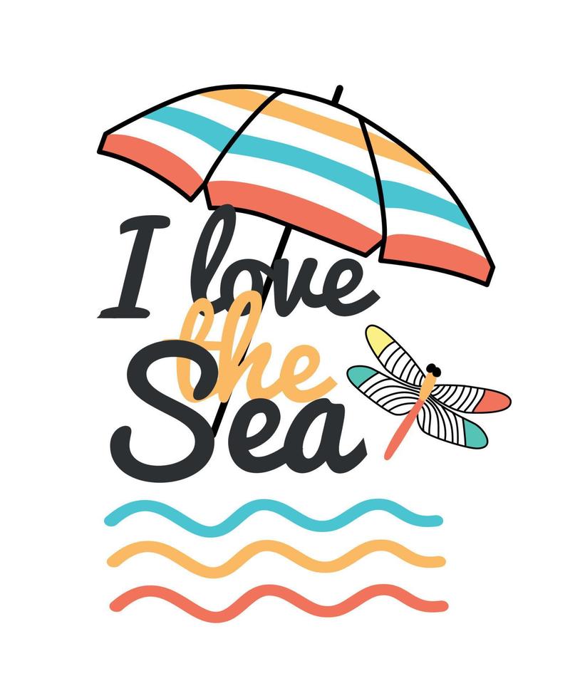 illustratie van ik liefde de zee. illustratie ik liefde de zee met de beeld van een strand paraplu, libel, golven vector