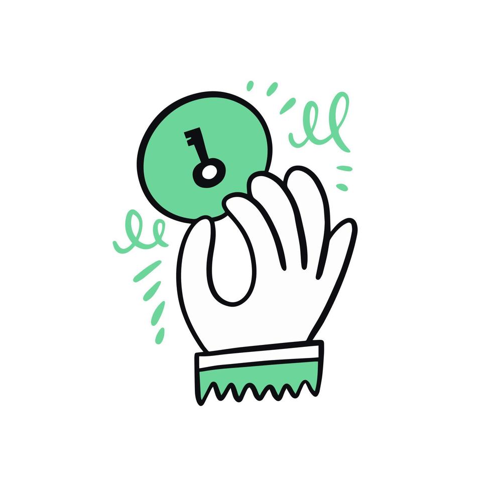hand- met sleutel teken. hand- getrokken groen tekenfilm tekening icoon. vector