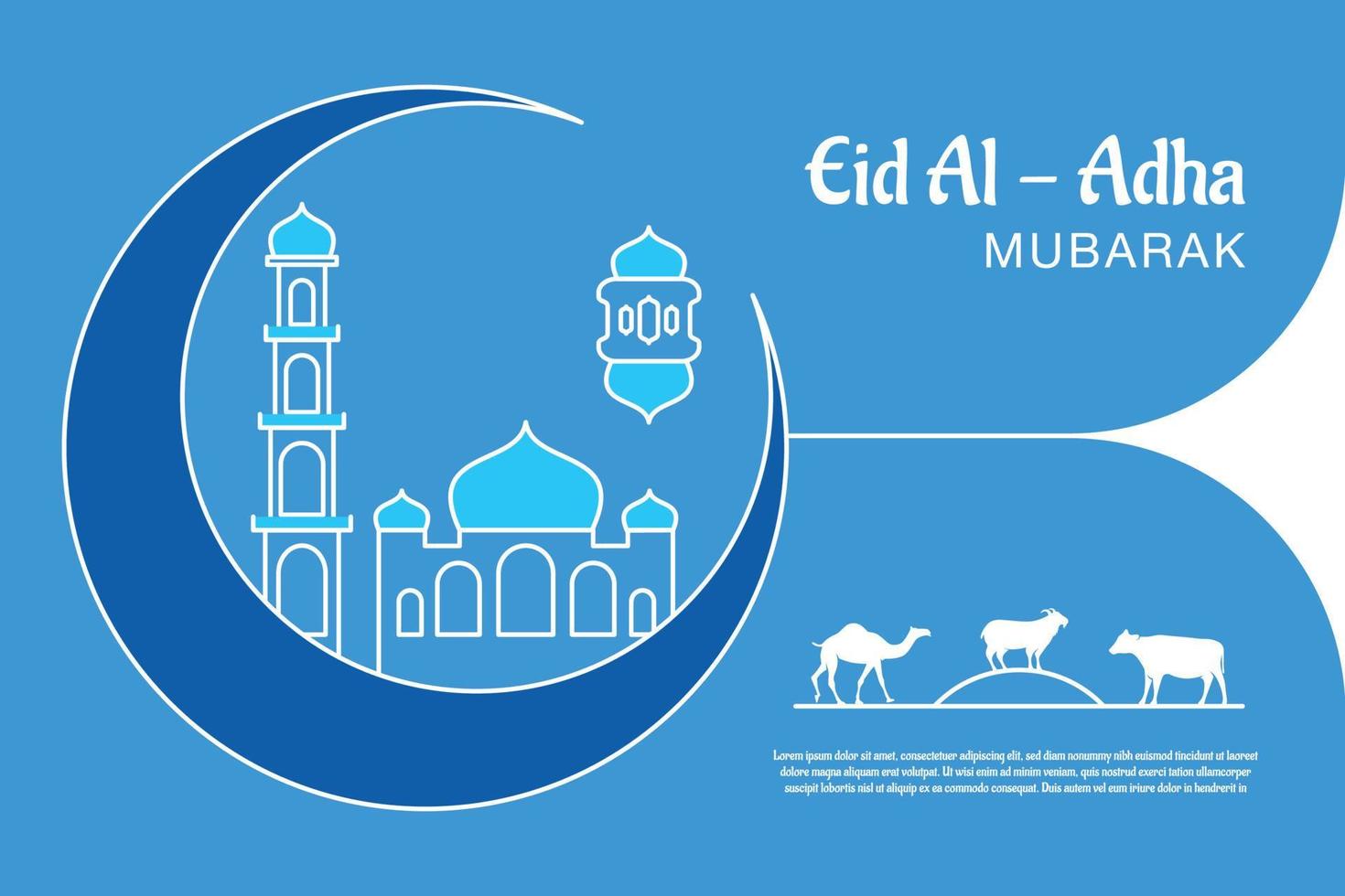 eid mubarak viering groet kaart sjabloon. feestelijk ontwerp voor moslim festival eid al adha met geit, silhouet van moskee, lantaarns en halve maan. vector illustratie.