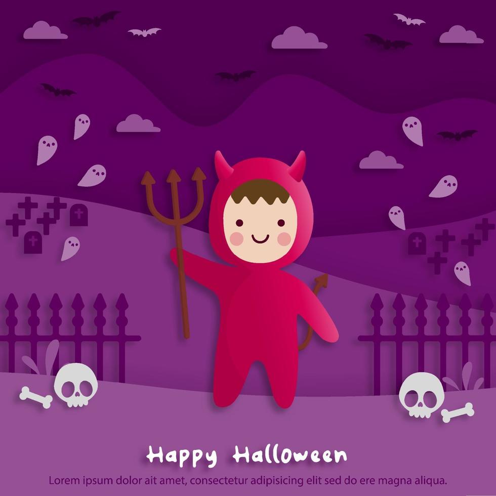 gelukkig halloween-feest in papieren kunststijl met kind dat een rood duivelskostuum draagt. wenskaart, posters en behang. vector illustratie.