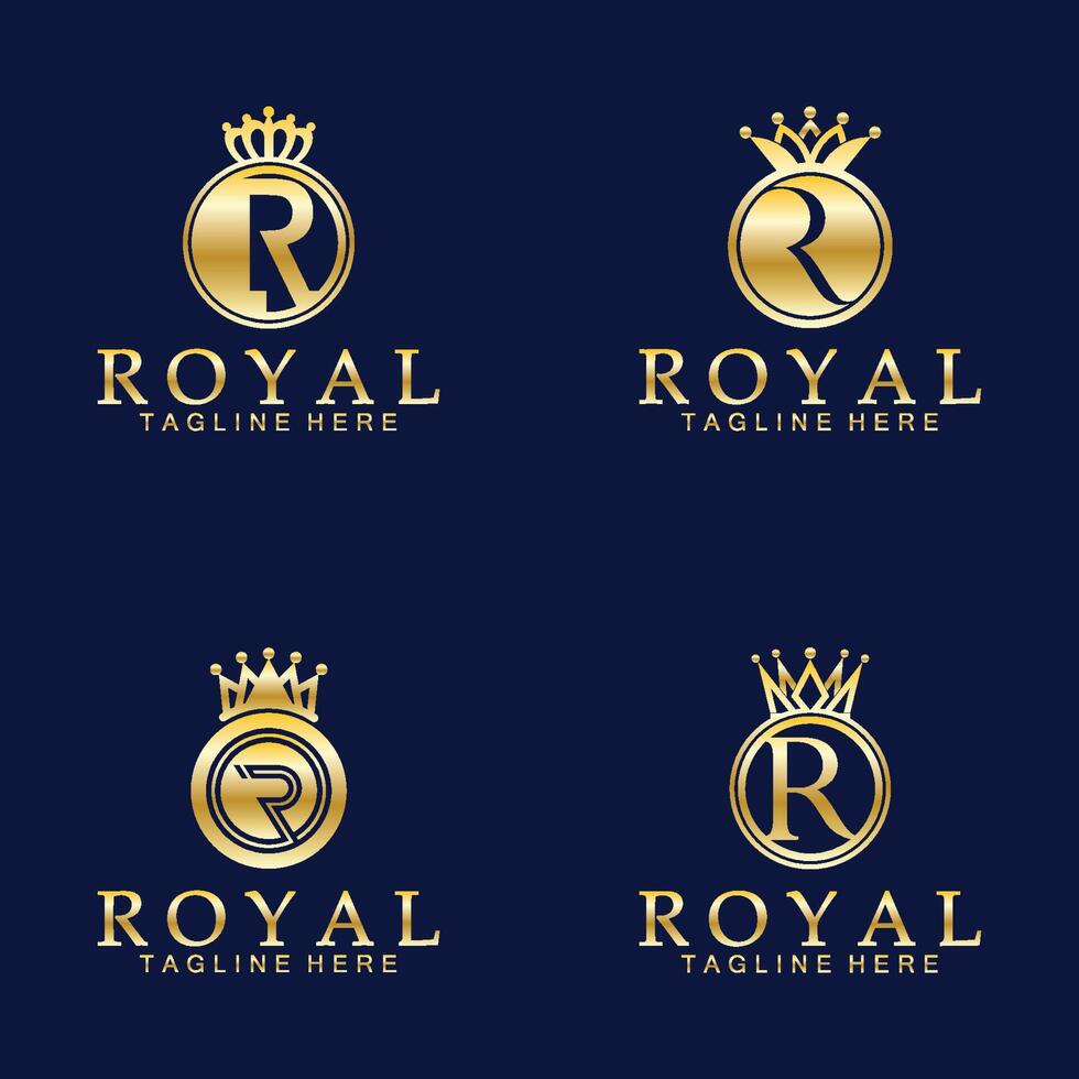 r eerste Koninklijk kroon logo. Koninklijk, koning, koningin luxe symbool. doopvont embleem. vector