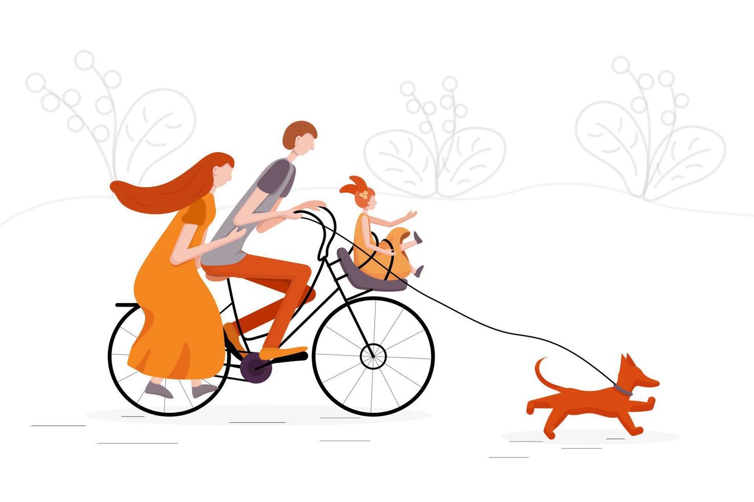 familie op reis fiets met hond. wereld fiets dag. ouders en kinderen wielersport. vector illustratie