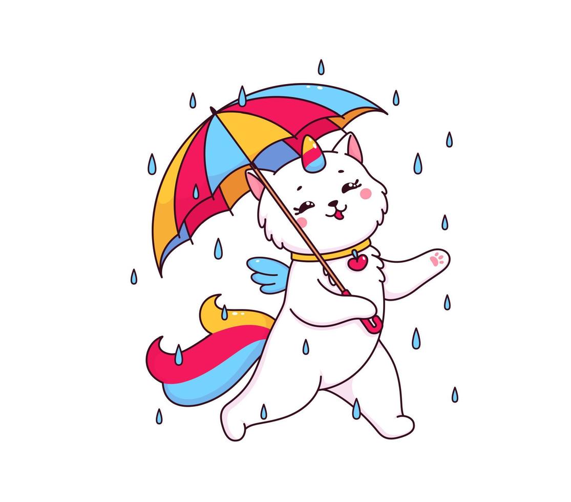 tekenfilm schattig caticorn karakter, regenboog paraplu vector