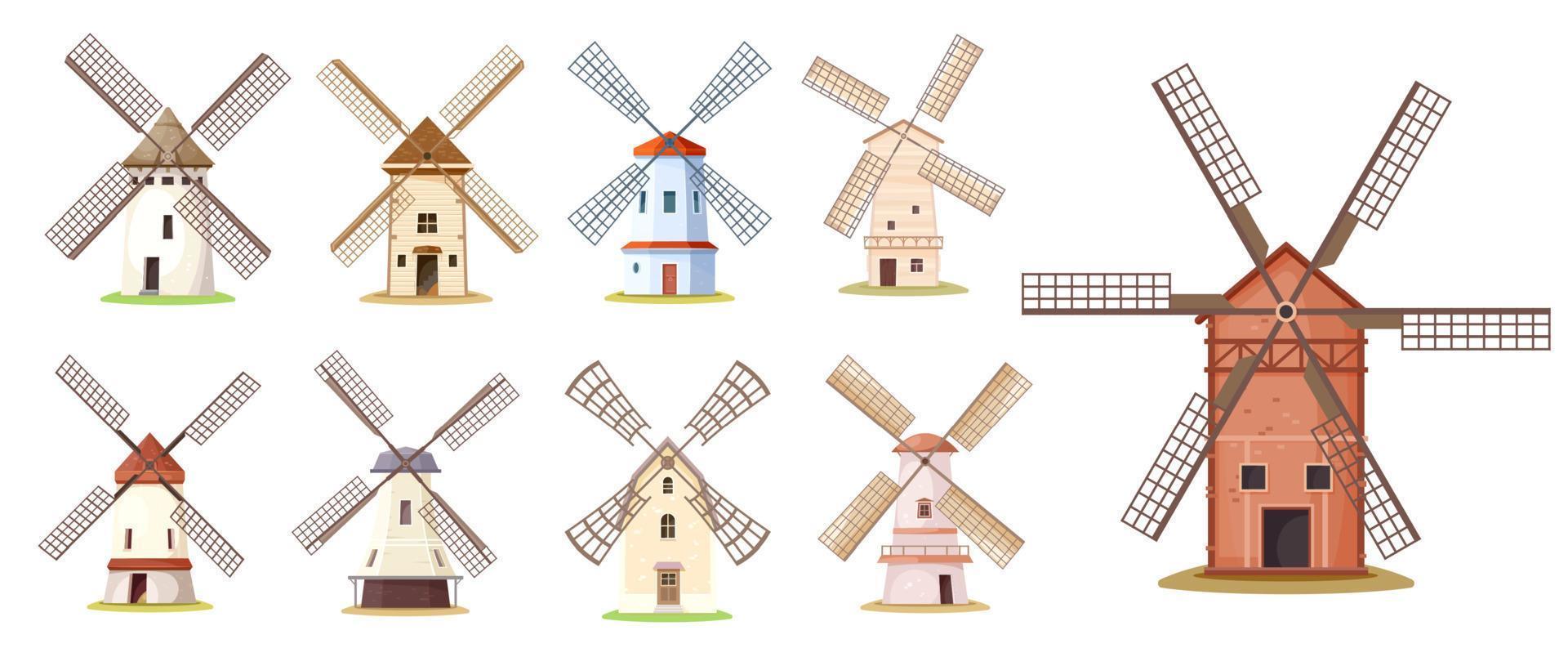 tekenfilm wind molen gebouwen of windmolen boerderij vector