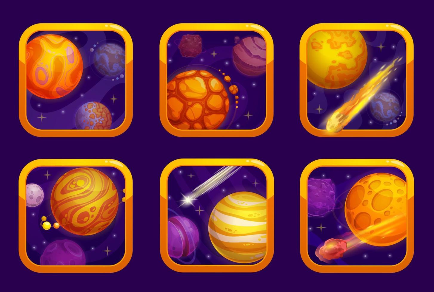 tekenfilm ruimte planeten spel oranje app pictogrammen vector