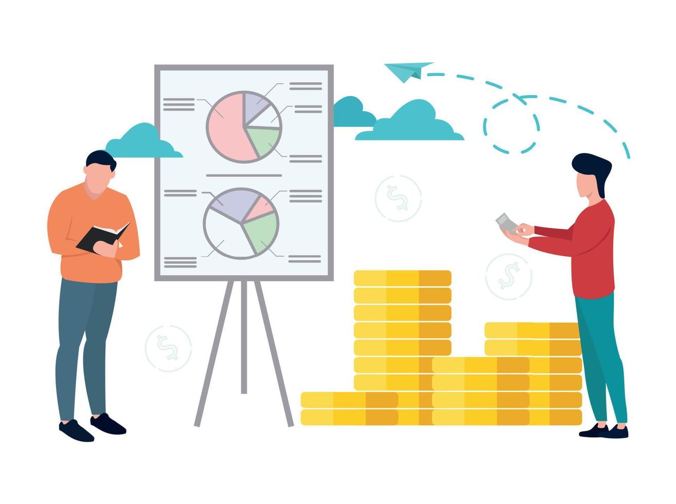 econometrie. een Mens staat De volgende naar een statief. diagrammen Aan de poster. de Mens is tellen Aan een rekenmachine. vector illustratie.