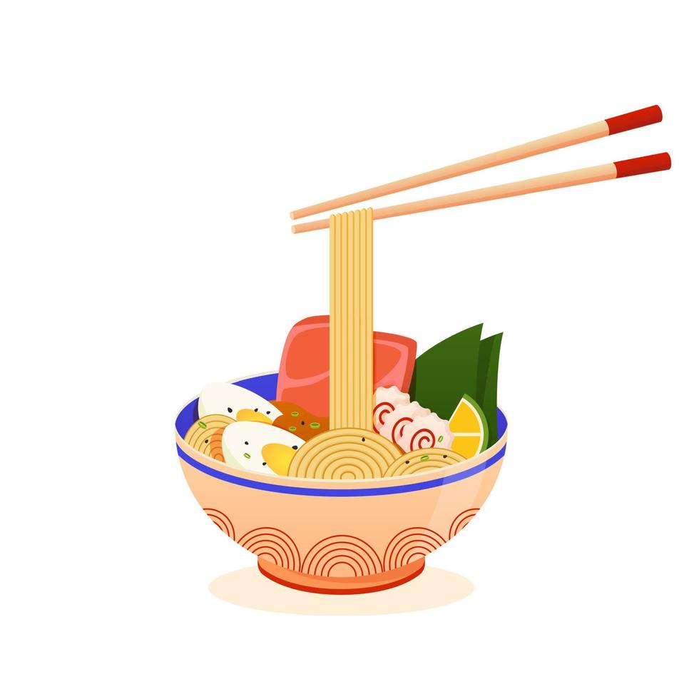 tonkotsu ramen soep kom met noedels, noch ik, gesneden gestoofd varkensvlees, gekookt eieren. Japans noedels chashu plak ramen kom met eetstokjes. Aziatisch traditioneel keuken vector