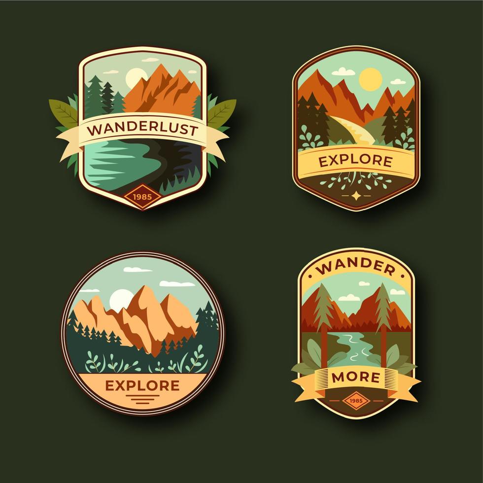 reeks van vier berg reizen emblemen. camping buitenshuis avontuur emblemen, badges en logo lappen. Woud kamp etiketten in wijnoogst stijl vector