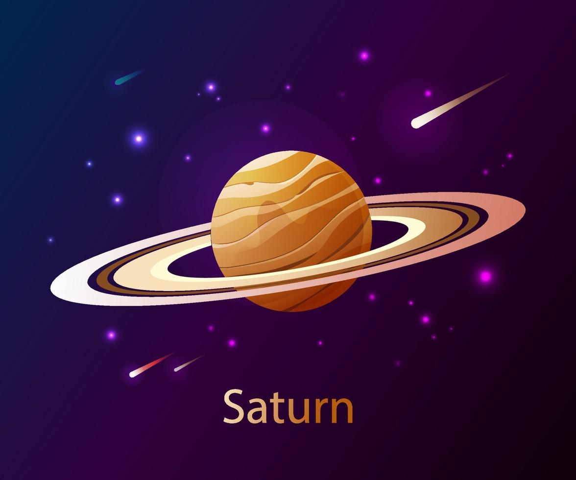 realistische planeet Saturnus in donkere ruimte met sterren en kometen. planeet van het zonnestelsel. ruimte decoratie ontwerp. astronomie. de zesde planeet vanaf de zon. vectorillustratie voor ontwerp en banners. vector
