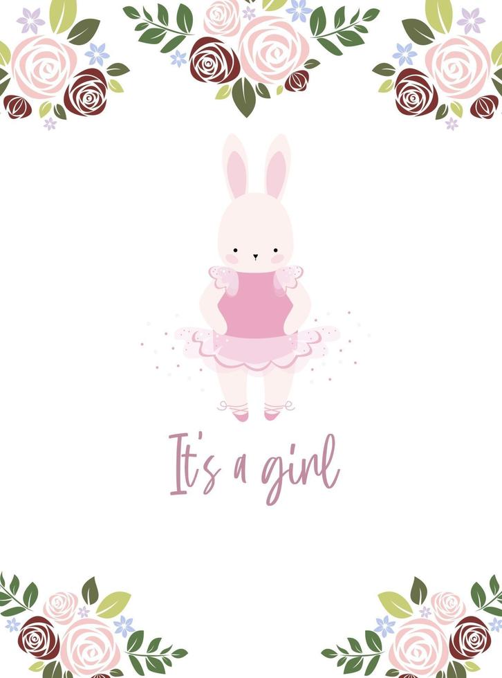 babydouche meisje, uitnodigingskaartsjabloon met schattige kleine ballerina konijn, bloemen en plaats voor tekst. vlakke stijl. vector illustratie