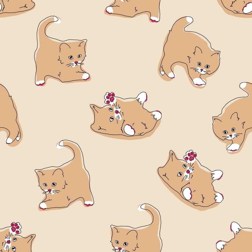 katten naadloze patroon. grappige cartoon kittens in verschillende poses op beige kleur achtergrond. vector handgetekende illustratie in vlakke stijl, pastel palet voor het afdrukken van textiel, verpakking