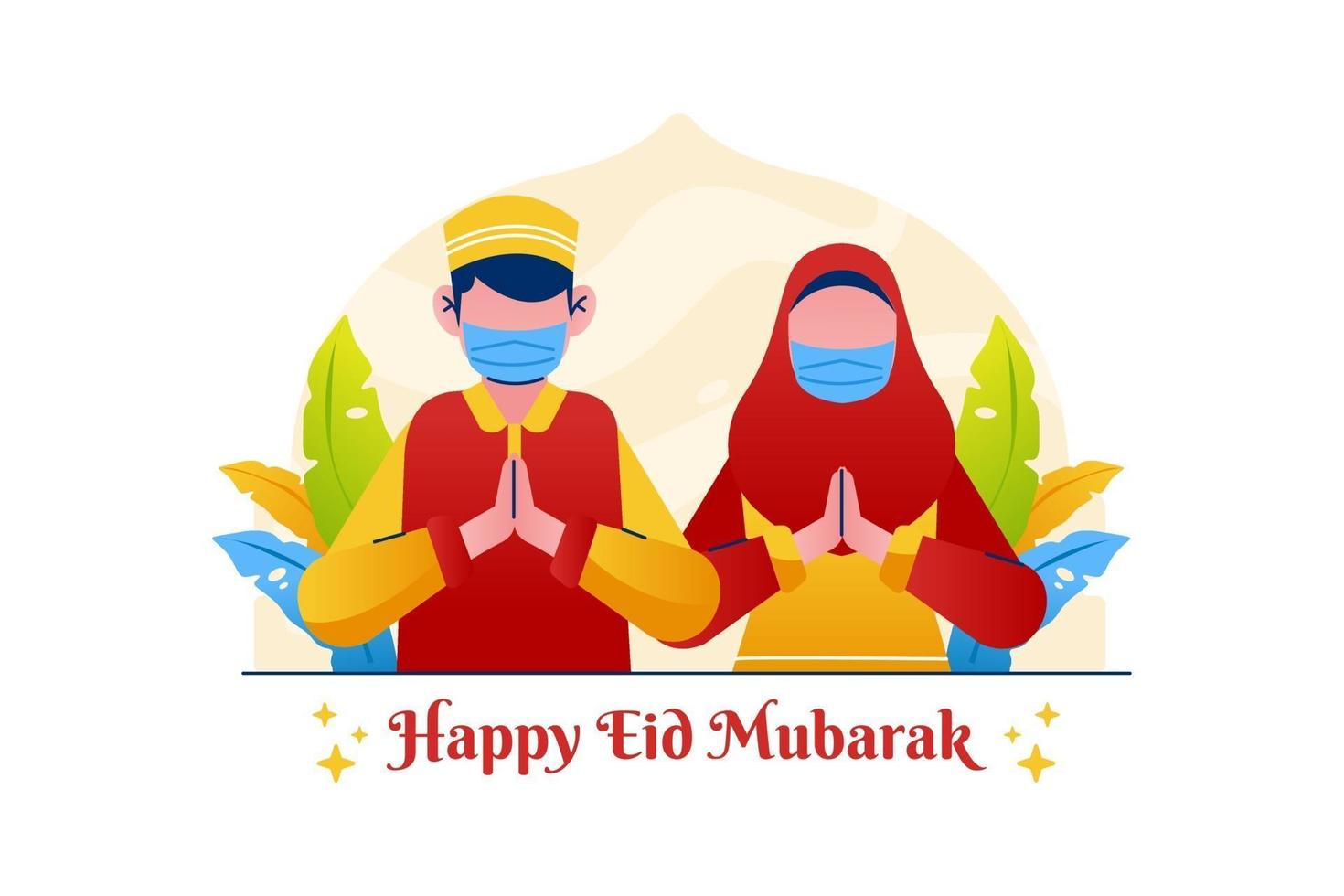 moslim groet gelukkig eid mubarak paar masker dragen vector