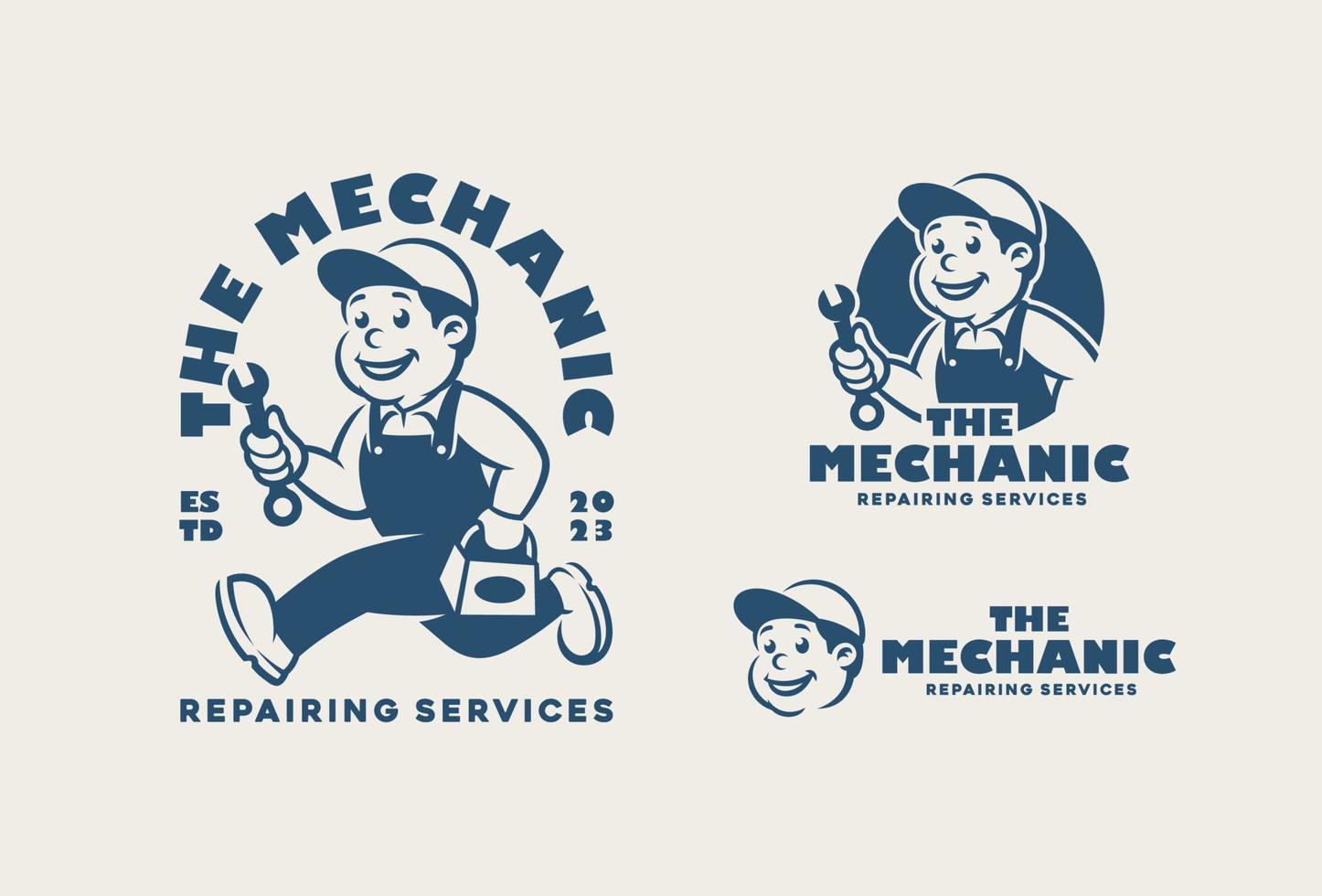 monteur Mens, klusjesman, klusjesman logo voor onderhoud, reparatie of onderhoud logo. wijnoogst tekenfilm mascotte. vector