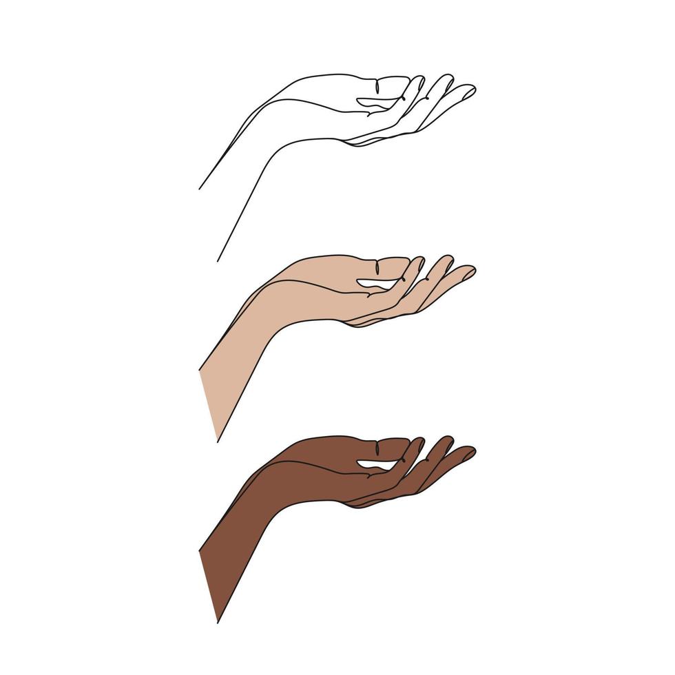 uitgestrekt hand- palm omhoog. een lijn kunst. hand- gebaar. houding en gebaren. hand- getrokken vector illustratie.