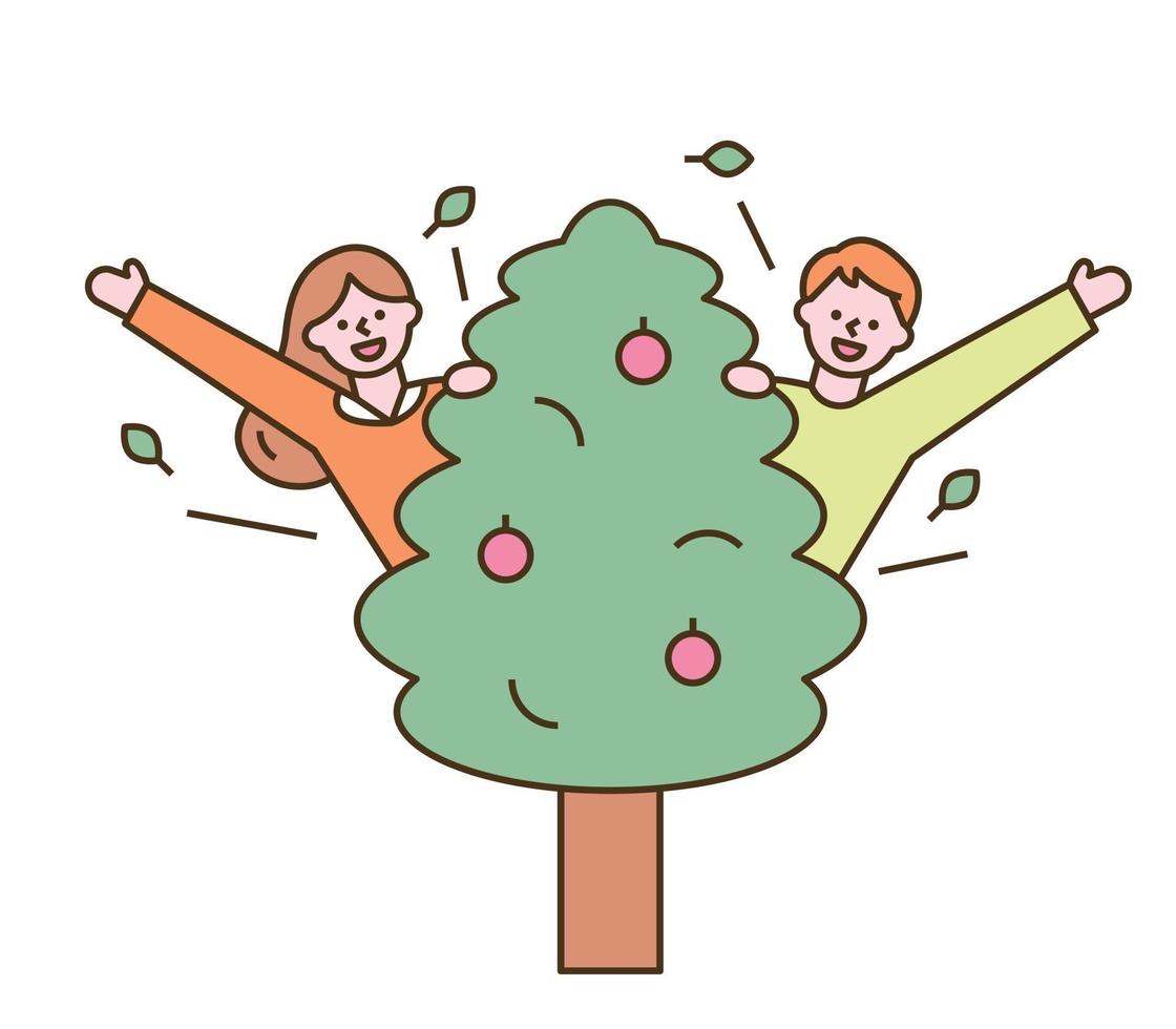 schattige jongen en meisje springen uit de boom en begroeten. vector