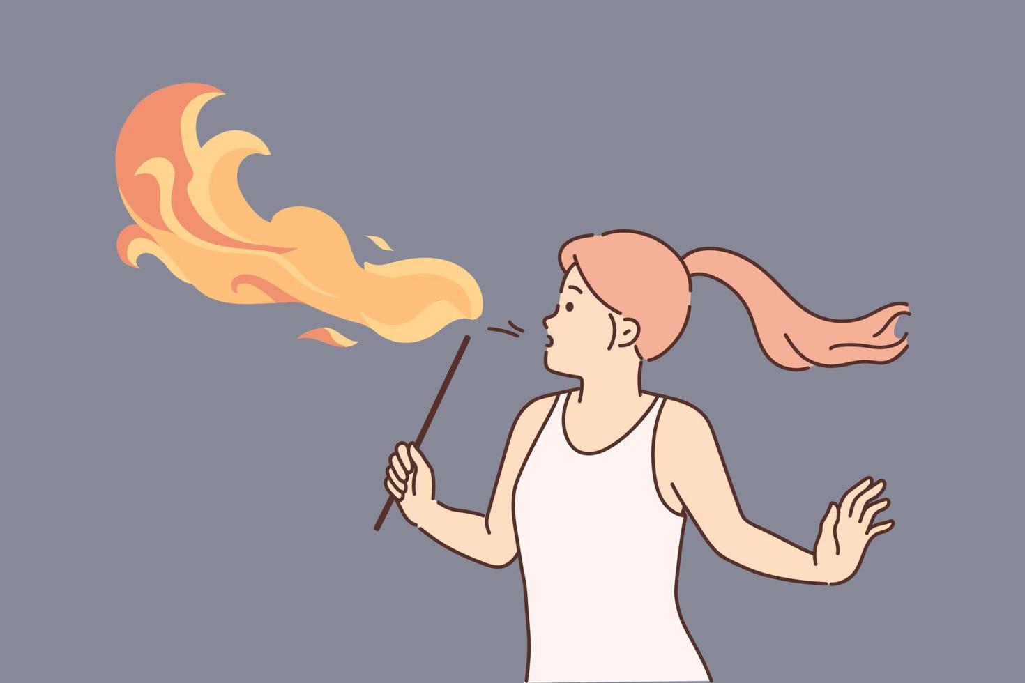 vrouw blazen brand met mond. zelfverzekerd mannetje mond fakir verloofd in brand show. bezetting en Gevaar. vector illustratie.